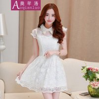 奥芊洛2015夏季新款韩版甜美女装娃娃领钉珠甜美蕾丝公主裙蕾丝拼接镂空连衣裙【货到付款】