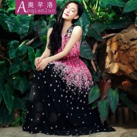 奥芊洛2015夏季新款高级雪纺印花 樱花拼接 大摆背心长裙无袖碎花收腰连衣裙沙滩长裙女神装