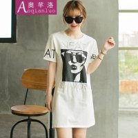 奥芊洛 2015夏季新款女装欧美时尚风休闲显瘦连衣裙圆领人物印花宽松短裙【货到付款】