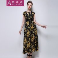 奥芊洛 欧洲站2015夏季女神长裙新款时尚女装长款修身显瘦短袖印花复古连衣裙【货到付款