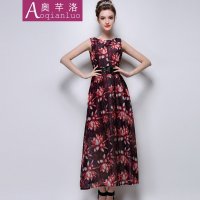 奥芊洛欧洲站2015夏季新款长款修身显瘦无袖印花复古连衣裙高腰气质长裙 送腰带【货到付款】