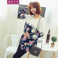 奥芊洛 秋装新款孕妇装大码哺乳期隐形拉链口印花连衣裙宽松优雅蕾丝拼接长袖连衣裙【货到付款】