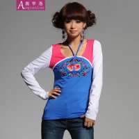 奥芊洛 2015秋季新款民族风绣花复古吊带女装长袖纯棉绣花t恤打底衫【货到付款】