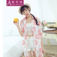 奥芊洛 2015夏季新款日韩时尚中长款防晒衫 太阳花印花雪纺衫薄 防晒衣 女装 货到付款