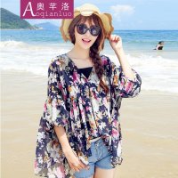奥芊洛 2015新款夏装韩版时尚宽松碎花v领斗篷式灯笼袖雪纺衫罩衫 防晒衣 货到付款