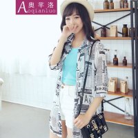 奥芊洛 2015夏季新款韩版时尚开衫中长款字母印花雪纺防晒衫 防晒衣 衬衫 货到付款