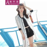 D奥芊洛#2015夏季日系复古竖条纹雪纺衬衫开衫中长款防晒衣货到付款