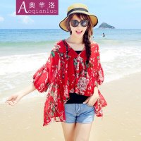 奥芊洛 2015夏装新款韩版时尚宽松桃花v领斗篷式防晒衣 两件套雪纺衫罩衫潮流女装 货到付