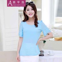 奥芊洛 2015韩版时尚女装夏季宽松休闲 短袖雪纺衫女学生圆领打底衫 货到付款
