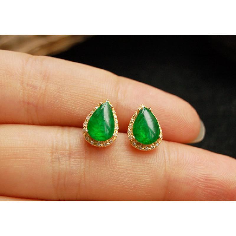 天生珠宝5105简单围钻款帝王绿水滴18k金天然翡翠耳钉诚信老店送翡翠