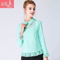 爽姿丽人2015新款秋装中袖七分袖甜美修身雪纺衫女装雪纺上衣长袖