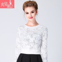 爽姿丽人2015夏季新款韩版蕾丝拼接短袖雪纺衫上衣小衫女显瘦百搭