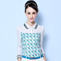 爽姿丽人2015秋装新款时尚外穿娃娃领长袖上衣女印花打底衫蕾丝衫