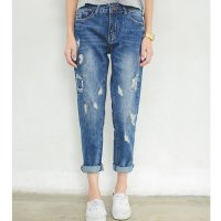 2015女韩版破洞宽松大码深色垮裤哈伦牛仔裤M13845#9118