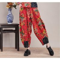 大码棉麻裤民族风女装牡丹印花休闲胖Mm吊裆裤