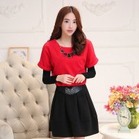 新款呢料拼接螺纹袖时尚气质连衣(送项链)NC0965#1856