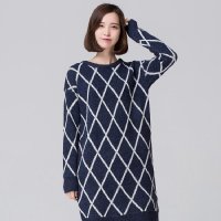 韩版新款几何图案中长款圆领爆款针织衫