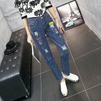 雅内特2015秋韩版卡通印花宽松显瘦百搭破洞牛仔垮裤D11828#6884