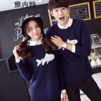 雅内特2015情侣套头韩版毛衣小鱼图案修身男女针织衫D12245#5501
