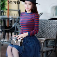 雅内特2015秋装韩国新松紧腰针织拼接九分袖蕾丝连衣裙
