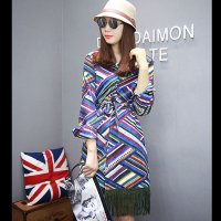 新款长款条纹流苏民族长款腰带衬衣连衣裙女BRC102258#061