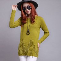 新款流苏毛衣中长款秋装女修身套头针织衫B35830#911