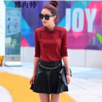 雅内特2015新款拼接网纱打底衫女长袖T恤款秋上衣立领小衫