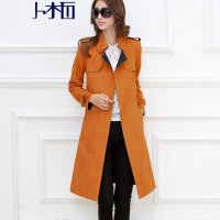 卜柘2015秋新款女装修身显瘦系带外套中长款麂皮绒风衣