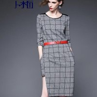 卜柘2015秋装英伦格纹印花格子侧开叉OL气质一连衣裙NA1355#1388