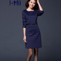 卜柘2015新款职业女装通勤OL欧美条纹中长连衣裙
