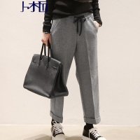 卜柘2015简约舒适松紧腰百搭纯色复合呢料休闲裤FFA04960#119