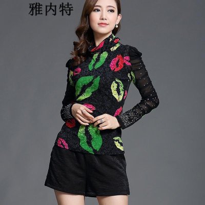 雅内特2015秋季韩版印花长袖高领网纱小衫修身大码蕾丝打底衫女