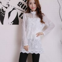 韩版立领蕾丝衫长袖T恤中长款包臀打底衫上衣FFA00645#8353