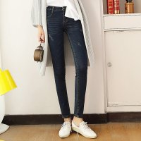 新款韩版 高腰抓纹显瘦深色牛仔裤女