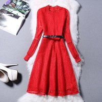 欧洲站蕾丝打底裙中长款红色礼服长袖连衣裙D25955#8885