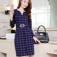 新款韩版修身中长款气质V领裙子打底格子B32858#627
