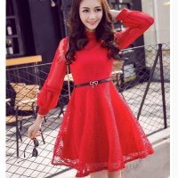 韩版气质刺绣花朵袖子拼接蕾丝打底连衣裙女