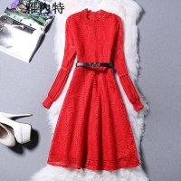 雅内特欧洲站蕾丝打底裙中长款红色礼服长袖连衣裙D25955#8885