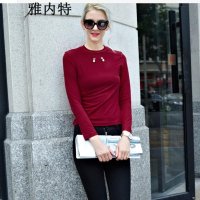 雅内特新款打底衫纯色T恤长袖钉珠打底衫纯棉贴身圆领