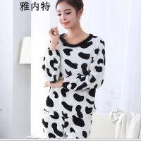 雅内特韩版女睡衣春秋季时尚法兰绒休闲家居服可爱奶牛女装套装