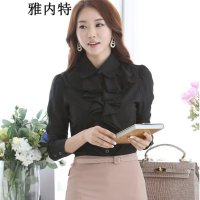 雅内特韩版女式OL职业长袖雪纺白色衬衫 荷叶边打底衬衣