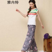 雅内特新款女装印花雪纺休闲裤阔腿裤百搭长裤女