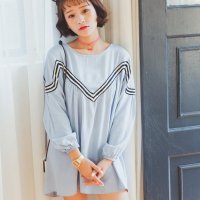 春季新款百搭海军风甜美V领织带宽松连衣裙女