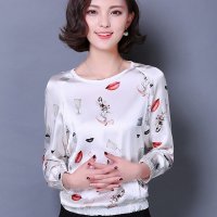 新款时尚嘴唇印花雪纺衫宽松显瘦打底衫女