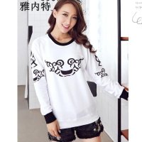 雅内特韩版春装图腾套头纯棉外套打底衫长袖T恤宽松大码卫衣女