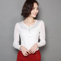 春季韩版大码雪纺衫V领网纱蕾丝打底衫女