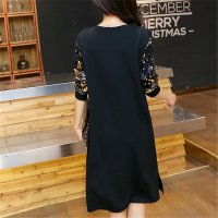 2016新款欧美大码胖MM珠片袖拼接贴图连衣裙JA03258#1373