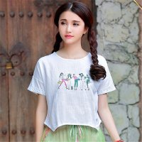 2016女装文艺印花衬衫 新款短袖上衣打底衫