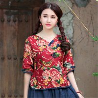 民族风新款棉麻女装大牡丹花复古手工盘扣七分袖衬衫