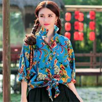 民族风女装2016大牡丹花开衫系带七分袖衬衫